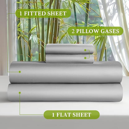 Shilucheng 100% Viscose Derived from Bamboo_ Sheets Full Size 4pcs - Ultra Cooling & Silky Soft Bed Sheets, 16" Deep Pocket, Perfect for Hot Sleepers, Hotel Bedding Sheets (Grey)
