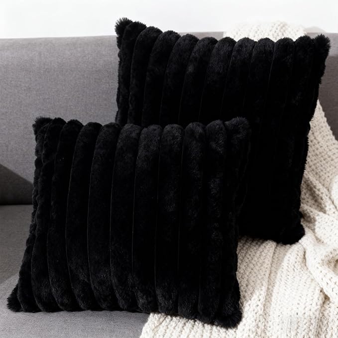 2 Pack 16x16 Double-Sided Faux Fur Pillow Covers, Plush Throw Pillow Covers for Living Room Decorations Throw Pillow Case, Throw Pillow Cover Cushion Cover for Home Sofa Car, Black