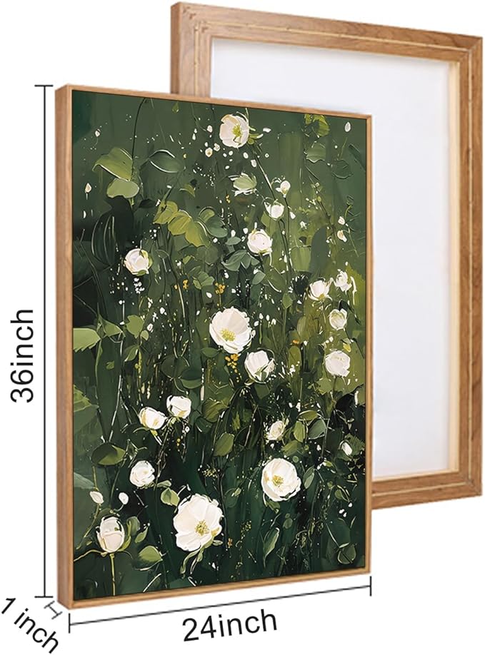 HLNIUC Green White Floral Framed Wall Art Set, Abstract Flower Canvas Wall Decor, Modern Botanical Wall Painting, Blossom Landscape Art Print for Living Room, Bedroom, Office - 24"x36"x3