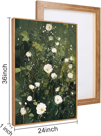 HLNIUC Green White Floral Framed Wall Art Set, Abstract Flower Canvas Wall Decor, Modern Botanical Wall Painting, Blossom Landscape Art Print for Living Room, Bedroom, Office - 24"x36"x3