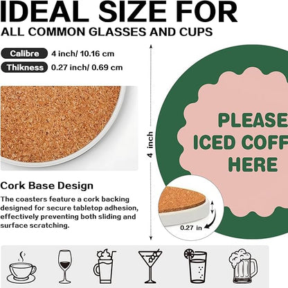 zcyhtqp, Please Iced Coffee Here, Funny Absorbent Round Ceramic Stone Coasters Set of 4 with Cork Base, Funny Coffee Coasters, Gifts for Home, Kitchen, Office Table Décor