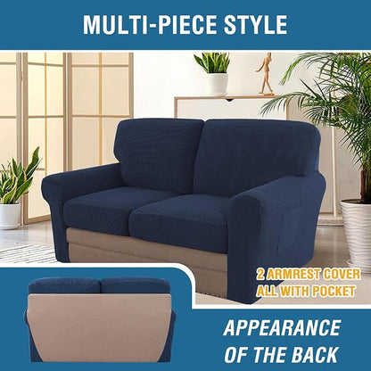 H.VERSAILTEX Multi-Pieces Sofa Covers Stretch Couch Covers Form Fitted Seats and Back Cushions Covers (2 Seat Covers Plus 2 Back Cusion Covers, Bonus 2 Armrest Covers), Navy