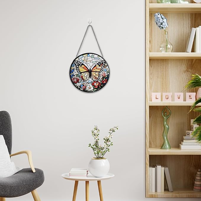 Butterfly Stained Glass Window Hanging, 7.8" Round Sun Catcher Hand Painted Wall Art Decor with Chain, Unique Housewarming Gifts for Couples, Home