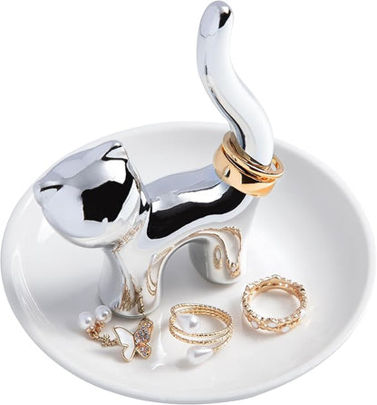 OSOPOLA Ceramic Silver Cat Jewelry Tray - Decorative Ring Holder Dish Key Tray Cute Jewelry Plate Trinket for Earrings,Necklaces,Women,Home Decor,Christmas Birthday Mother's Day Gifts HE02CT