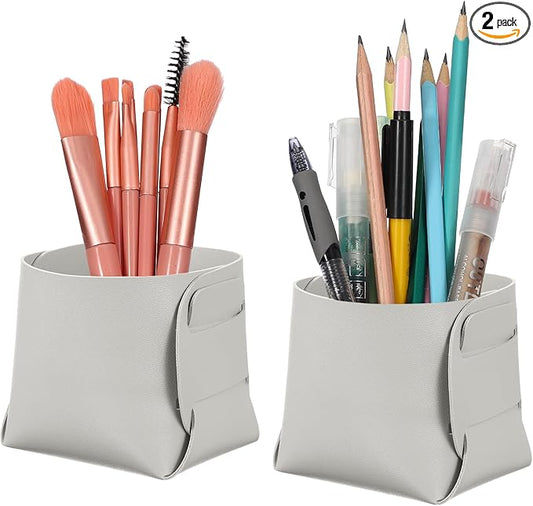 PATIKIL 2Pack Leather Desk Organizer, Leather Pencil Pen Holder Jewelry Valet Tray Hair Accessories Organizer for Bedroom Drawer Office Key Wallet Watch Pen Pencil Glasses, Light Gray