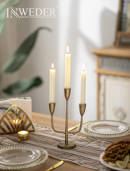 Cast Iron Gold Candelabra: 10.4 Inch Tall Vintage Taper Candle Holders 3 Arms Brass Candlestick Holders Antique Candelabra Centerpieces for Tables Fireplace Living Room Decor Set of 1
