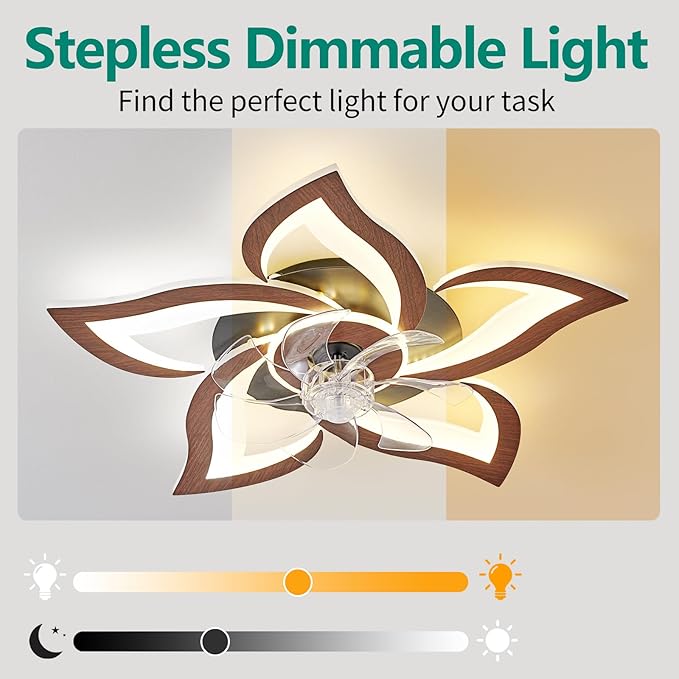HuixuTe 24" Wood Geometric Ceiling Fan with Lights Remote Control, Low Profile Ceiling Fan with Light for Kitchen Bedroom Living Room