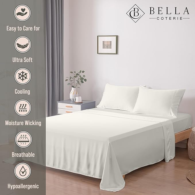 Bella Coterie Luxury Bamboo Viscose Twin XL Size Sheet Set | 100% Organically Grown | Ultra Soft | Cooling for Hot Sleepers | 18" Deep Pocket [Ivory]