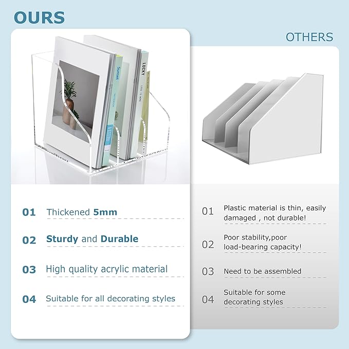 SANRUI 3 Slots Acrylic Magazine Holder, Desktop File Sorter Organizer Rack Bookshelf, Workspace Sorters Office Desk Accessories Organization Storage Stand, Clear