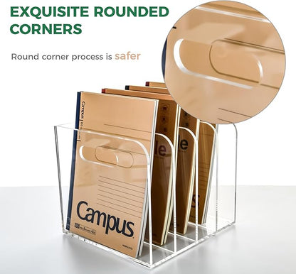 4 Vertical Compartments Clear Acrylic Magazine & File Holder – Multipurpose Desk Organizer for Office, Tablets, Magazines, Books – Documents/Home/Classroom Rack
