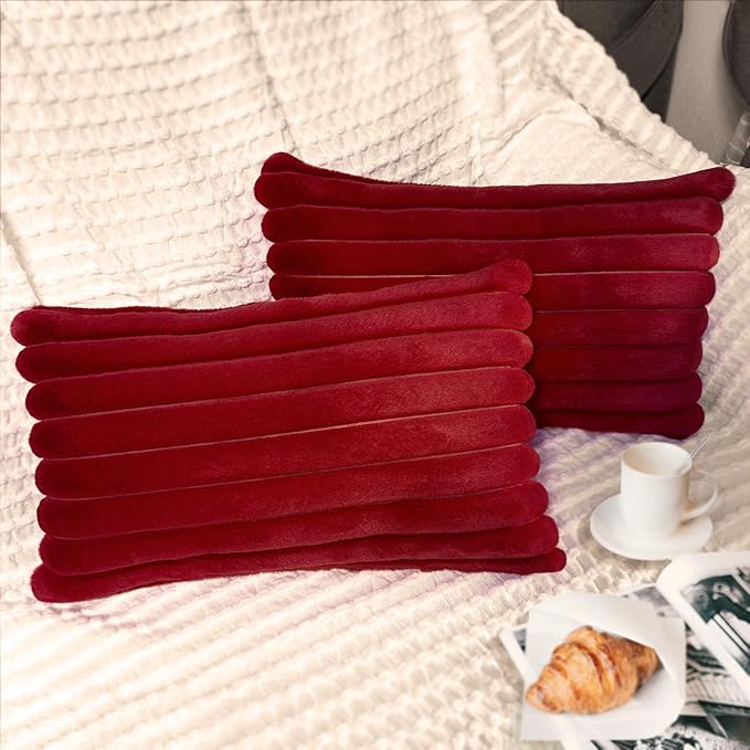2 Pack 12x20 Pillow Cover Velvet Pillow Covers, Faux Fur Oblong Throw Pillow Covers for Living Room Decorations Throw Pillow Case, Throw Pillow Cover Cushion Cover for Sofa Bedroom Car, Burgundy Red