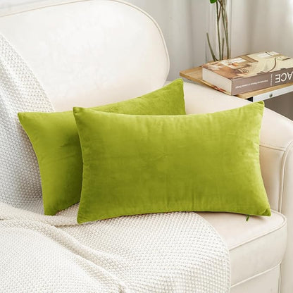 HWY 50 Leaf Green Velvet Rectangular Throw Pillow Covers 12x20 Inch, Pack of 2 Soft Cozy Solid Decorative Luxury Cushion Cases for Couch Sofa Bed Living Room Bedroom