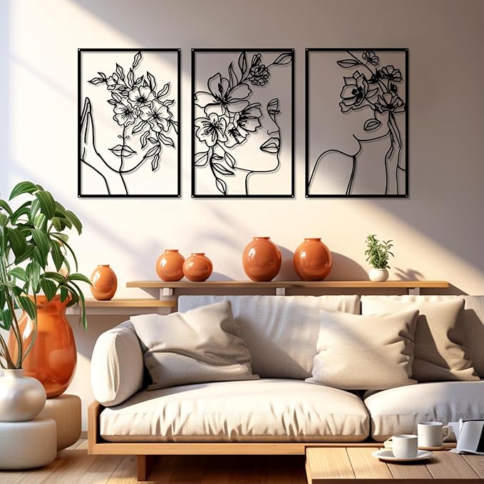 DETENE 3 Pieces Black Metal Wall Decor Minimalist Abstract Metal Wall Art Modern Woman Line Art Decor Single Line Art Décor for Living Room Bedroom Bathroom Kitchen Office(L Size 17 x 11.8'')