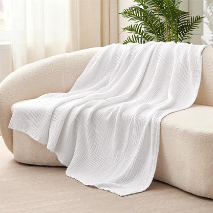 100% Cotton Muslin Blanket 50" x 60", Breathable and Lightweight Cotton Throw Blankets for Couch, Soft Cooling Summer Gauze Blanket for Adults All Season, White