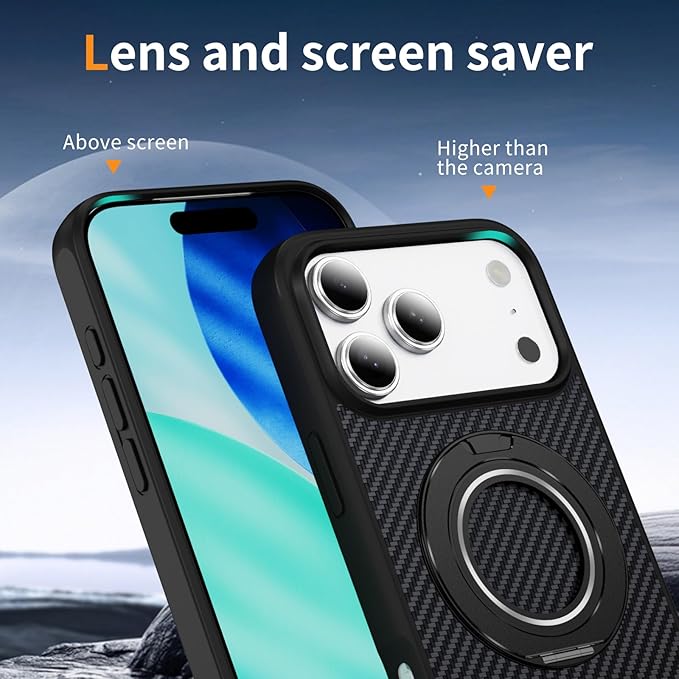 Mag-Stand Carbon Fiber Case for iPhone 17 Pro Max, 360° Rotate Magnetic Stand, Compatible with MagSafe, 15FT Military Protection, Slim Shockproof Magnetic Kickstand Mag Phone Case for Men Women