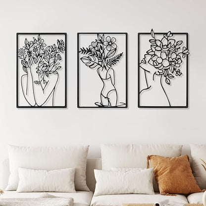 CHENGU 3 Pieces Metal Minimalist Abstract Woman Wall Art Line Drawing Wall Art Decor Single Line Female Home Hanging for Kitchen Bathroom Living Room