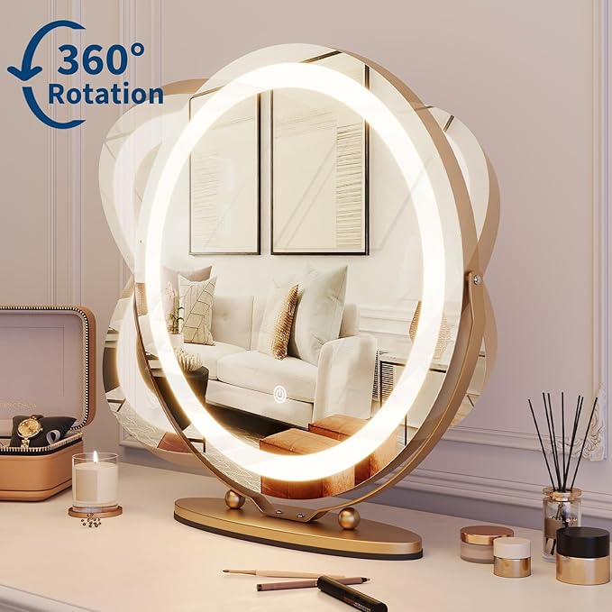 Garvee 19 in Vanity Mirror with Led Lights, Large Round Makeup Mirror with Touch Control and 3 Color Lighting Modes, Round Vanity Mirror for Bedroom, Tabletop, Living Room, Easy to Install, Gold