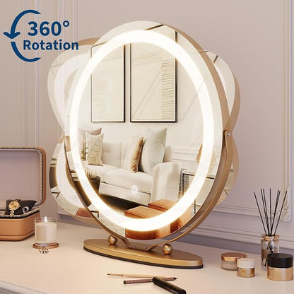 Garvee 19 in Vanity Mirror with Led Lights, Large Round Makeup Mirror with Touch Control and 3 Color Lighting Modes, Round Vanity Mirror for Bedroom, Tabletop, Living Room, Easy to Install, Gold