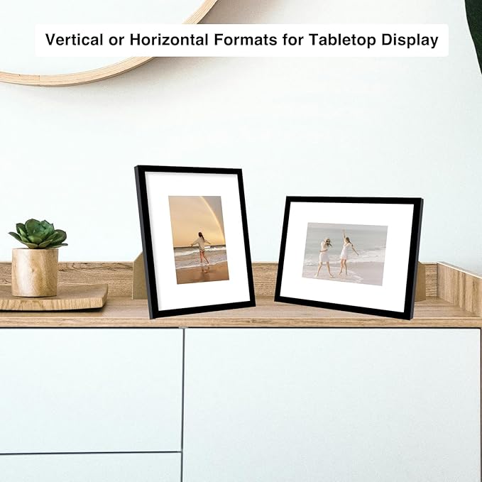 8x10 Picture Frame with 5x7 Mat Set of 2, Display Photo 5x7 with Mat or 8x10 without Mat, 8 by 10 Wall Poster Photo Frame with Shatter Resistant Plexiglass for Wall or Tabletop, 2 Pack, Black