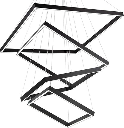 Square Led Chandelier Modern Hanging Light 4-Rings Contemporary Ceiling Pendant Light Dimmable Led Pendant Light for Living Room Kitchen Dining Room 15.7"+19.6"+23.6"+31.4" Black