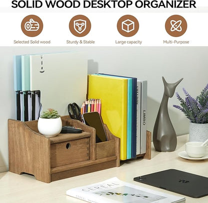 KIRIGEN Desktop Adjustable Organizer Storage Book Shelf with Drawer Wooden Desk Bookcase Workplace Storage Station Expandable Book Rack Fully Assembled SSSJ-S-DBR
