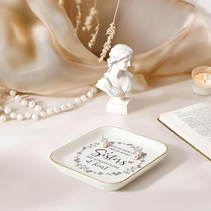 Best Friend Birthday Gifts for Women – Side by Side Or Miles Apart, Sisters are Always Close at Heart，Sister Gift - Gifts for Friends Going Away Friendship Ceramic Ring Dish (Sister)