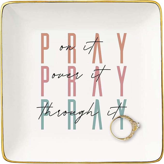 NZY Inspirational Christian Scripture Religious Bible Verse Reminder Gift for Women,Affirmation Positive Birthday Christmas Gift-Encouragement Jewelry Tray Trinket Holder Ring Dish-Pray on It