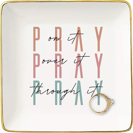 NZY Inspirational Christian Scripture Religious Bible Verse Reminder Gift for Women,Affirmation Positive Birthday Christmas Gift-Encouragement Jewelry Tray Trinket Holder Ring Dish-Pray on It