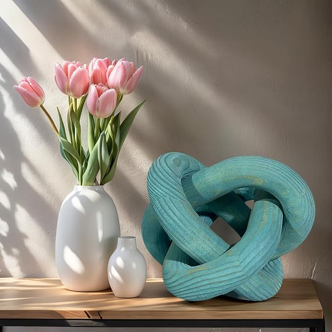 Wood Knot Decor -Coffee Table Decor Shelf Decor Table Books Hand Carved Home Decoration Boho Country Rustic Modern Shabby Chic Style 3 Link Wooden Knot Chain Link Decor (Blue)