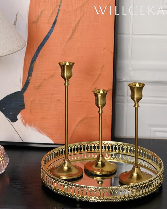 Willceka Gold Candlestick Holders, Taper Candle Holders, Set of 6 Brass Candle Holder Set, Vintage Table Centerpiece for Wedding Christmas Holiday
