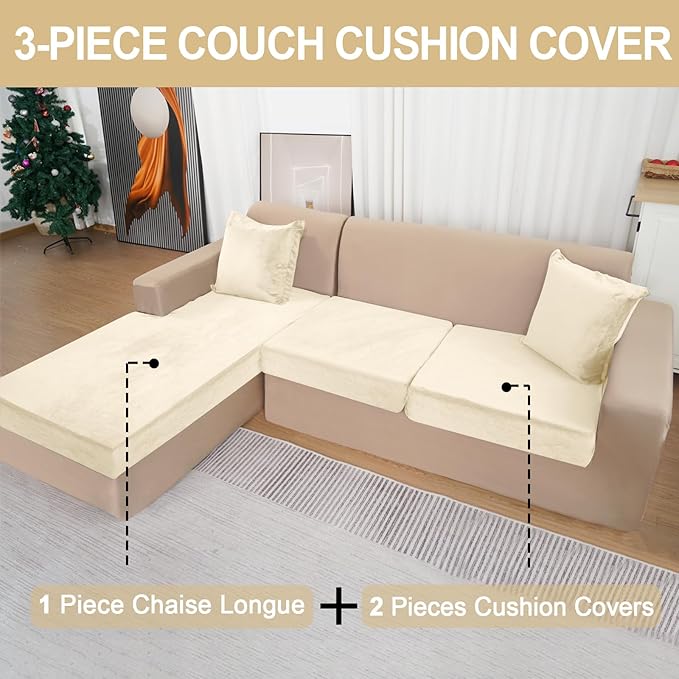 Sectional Couch Covers for 3-Piece Seat Cushion Velvet Separate L Shape Couch Cover Stretch Sofa Slipcover with 2 Pieces Pillowcases Furniture Protector (Sofa 2 Seater + 1 Chaise, Milk White)
