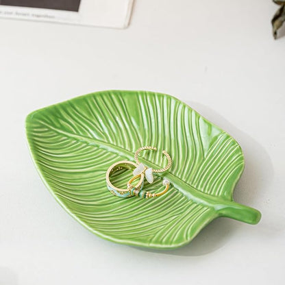 Ceramic Jewelry Tray Trinket Dish, Jewelry Dish for Women, Banana Leaf Ceramic Plate, Ring Dish Holder for Earrings Necklace Organizer, Mother's Day Christmas Birthday Gift