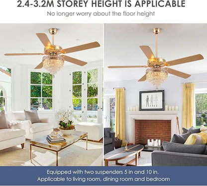 Asyko Crystal Ceiling Fan Fandelier with Lights - 62" Modern Outdoor Fans with Remote Control，Noiseless DC Motor, Retro/Farmhouse Lighting, Dining Room,Living Room (Gold