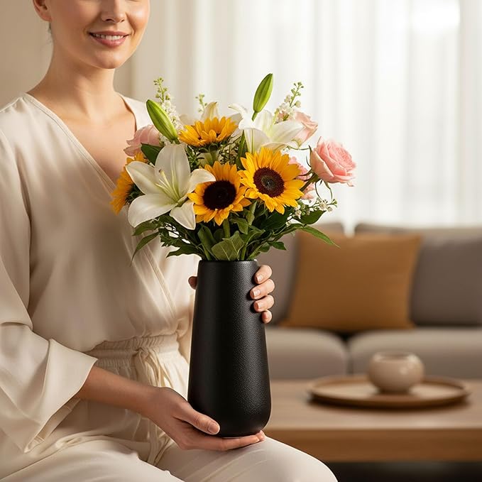 8 Inch Black Flower Vase Ceramic Vase for Wedding Flowers, Bouquet, Pampas Grass, Plants Indoor, Bathroom, Centerpieces, Tables, Roses, Entryway Table, Kitchen, Office, Coffee Home Decor (Black)
