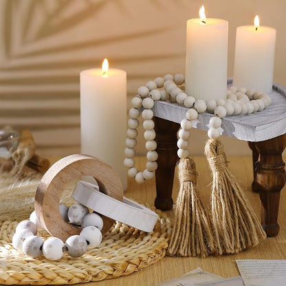 2 Pieces Decorative Wood Knot Link Chain Decor and Bead Garland Set Farmhouse Aesthetic Natural Wooden Knot Chain Link Wood Bead for Boho Country Home Table Decor(Retro Colors)