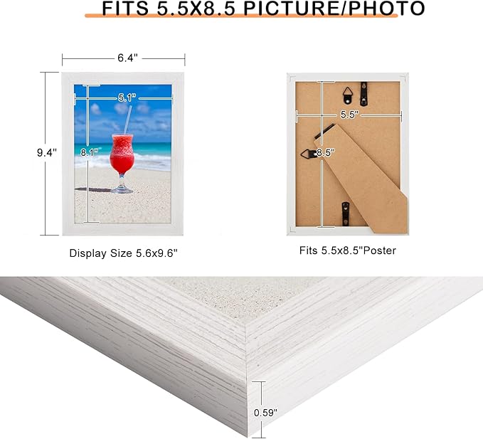 5.5x8.5 Picture Frame White, Rustic Natural 8.5x5.5in Photo/Portrait/Poster/Art Frame, Wall Hanging/Tabletop, Horizontal/Vertical Display Gallery Family Wedding Memorial Pic Frame Gift