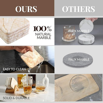 Koville Marble Coasters Set of 5, Square Coasters with Holder for Drinks, 4" Cup Coaster for Coffee Table Home Office Bar Decor, Heat Resistant Decorative Drink Coaster (White&Gold)