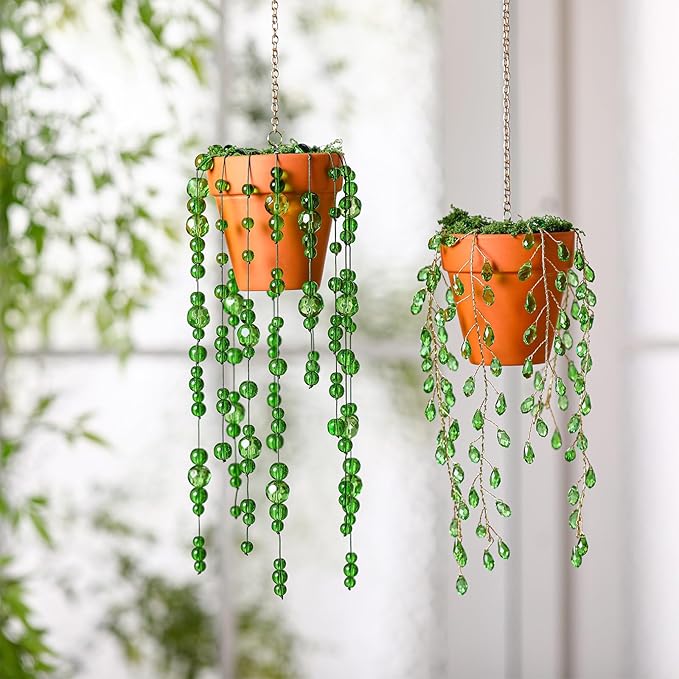 Suncalla 2pcs Beaded Plant Gifts for Plant Lovers Beaded Succulent Plants Sun Catcher Glass Leaf Beads Suncatcher for Window Hanging with Chain Bead Plants Crystal Sun Catchers Home (Classic Style)