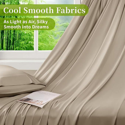 Shilucheng 100% Viscose Derived from Bamboo_ Sheets Cal King Size 4pcs - Ultra Cooling & Silky Soft Bed Sheets, 16" Deep Pocket, Perfect for Hot Sleepers, Hotel Bedding Sheets (Simply Taupe)