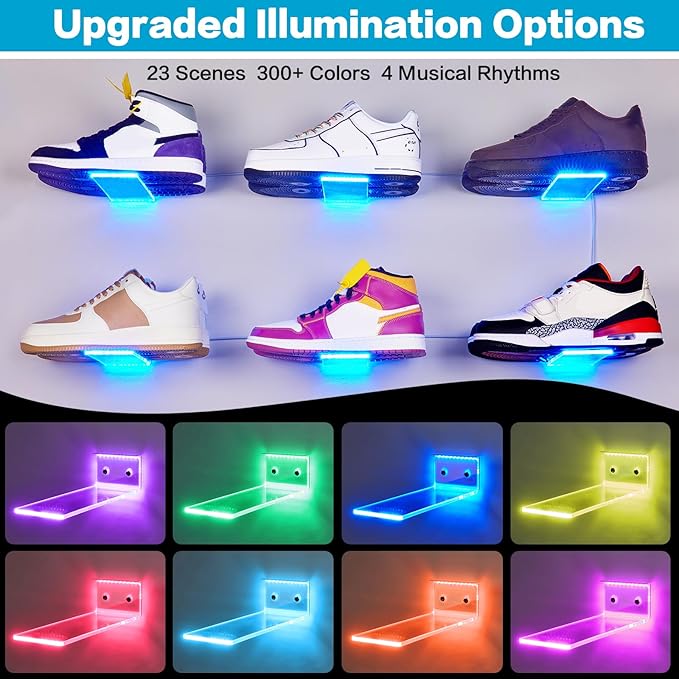 DILIBRA Set of 18 Floating Shoe Display Shelf with Lights, Glow Color Changing Clear Acrylic Shoe Shelf for Wall, Levitating Sneaker Shelves Wall Mount for Display Your Top Shoes Collection