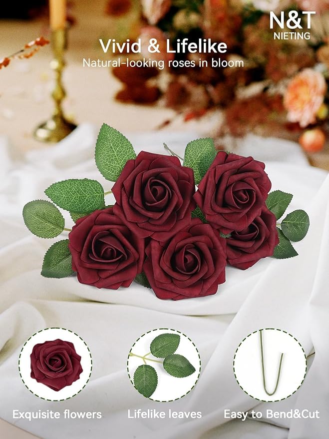 N&T NIETING Artificial Flowers, 25Pcs Fake Flowers Foam Roses with Stems Perfect DIY Wedding Bouquets Centerpieces Bridal Shower Party Valentine's Day Home Flower Arrangement Decorations, Dark Red