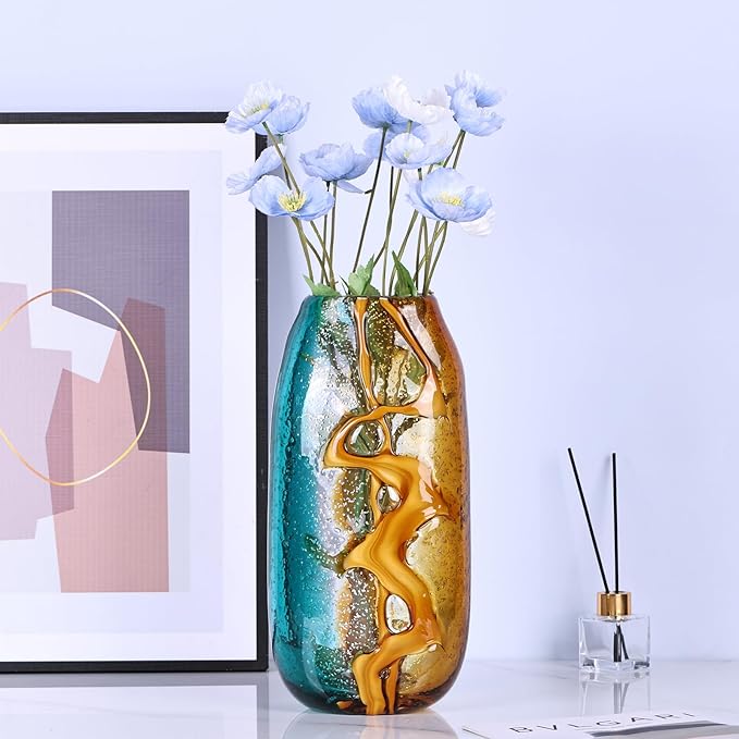 Teal Glass Vase,Hand Blown Green Flower Bulk,Murano Glass Vases,Unique Table Decor, Flowers with Decorative,Teal Vase Decor,for Bookshelf,Living Room,Office,Gift (L)