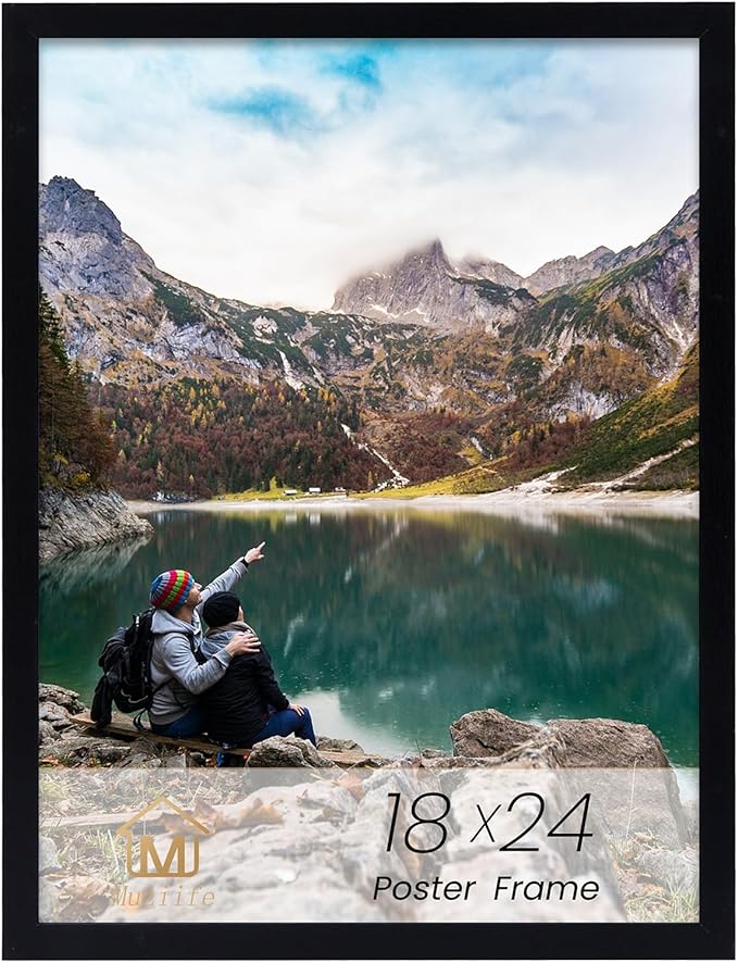 Muzilife 18×24 Poster Frame with Polished Plexiglass & Black Wood Frame, Large Movie Poster Picture Frame Wall Display for Horizontal or Vertical - Hanging Hardware Included, 1-Pack