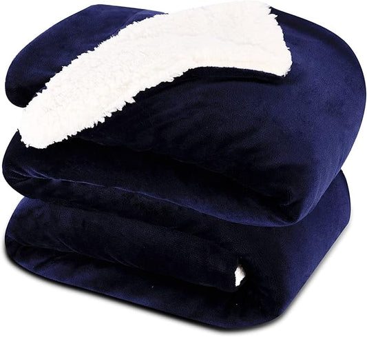 NANPIPER King Size Sherpa Blanket, Soft Fleece Throw for Bed, Reversible Thick Fuzzy Blanket for Winter (Navy Blue, 90x108 inches)