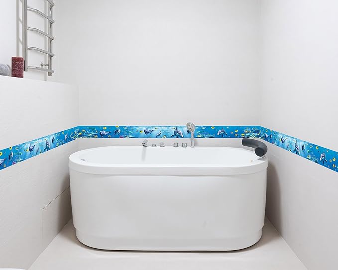 FLFK Peel and Stick Wallpaper Border Wall Decals for Kids Room - Under The Sea Fish Stickers Murals, 6" x 240" (Blue)
