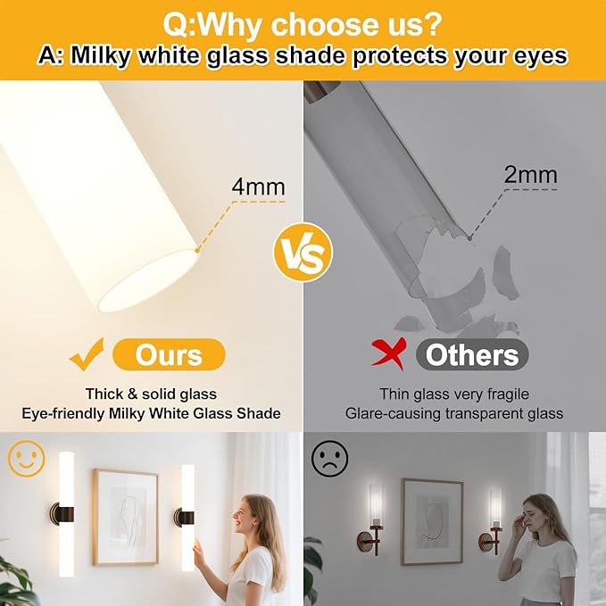 Wall Sconces Set of Two, Modern Bathroom Sconces Wall Lighting with Milky White Glass, Brown Sconces Wall Decor Set of 2 for Bathroom Mirror Bedroom Living Room Hallway