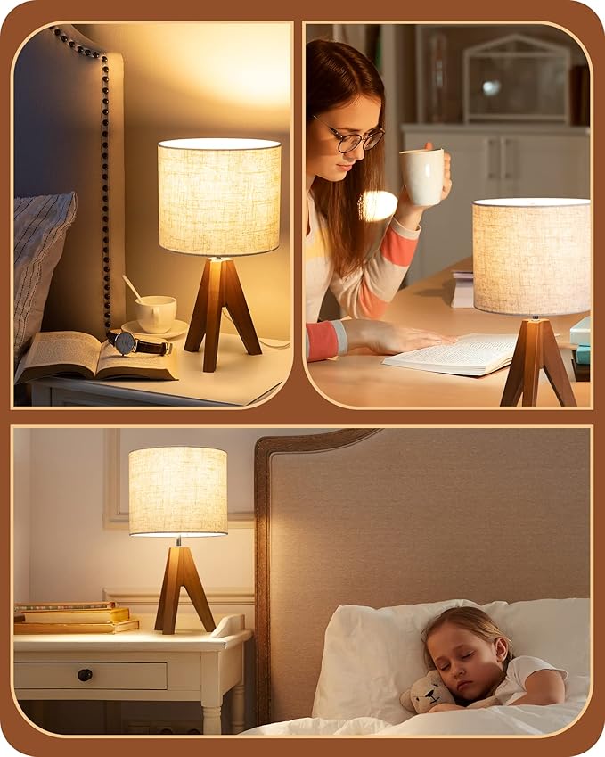 EDISHINE Small Table Lamp, Wooden Tripod Bedside Lamp with Linen Fabric Lampshade, 14.2" Nightstand Lamp for Bedroom, Living Room, Office, 2 Pack