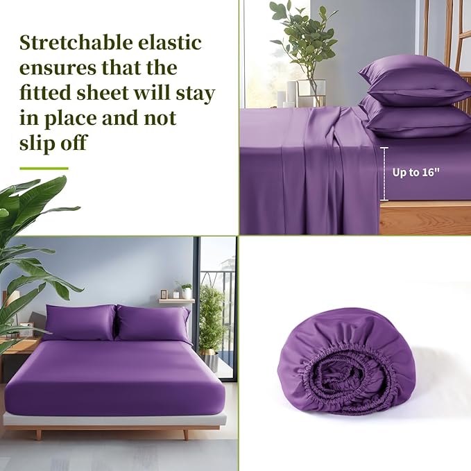Shilucheng 100% Viscose Derived from Bamboo_ Sheets King Size 4pcs - Ultra Cooling & Silky Soft Bed Sheets, 16" Deep Pocket, Perfect for Hot Sleepers, Hotel Bedding Sheets (Purple)