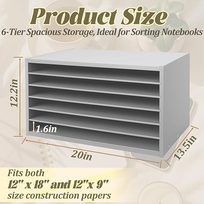 PROLEE Construction Paper Organizer 20" x 13.5" x12.2",Soild Wooden Paper Organizer with 6-Tier Letter Trays, Desktop File Papers Sorter for Home, Classroom and Office (Gray)