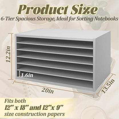 PROLEE Construction Paper Organizer 20" x 13.5" x12.2",Soild Wooden Paper Organizer with 6-Tier Letter Trays, Desktop File Papers Sorter for Home, Classroom and Office (Gray)